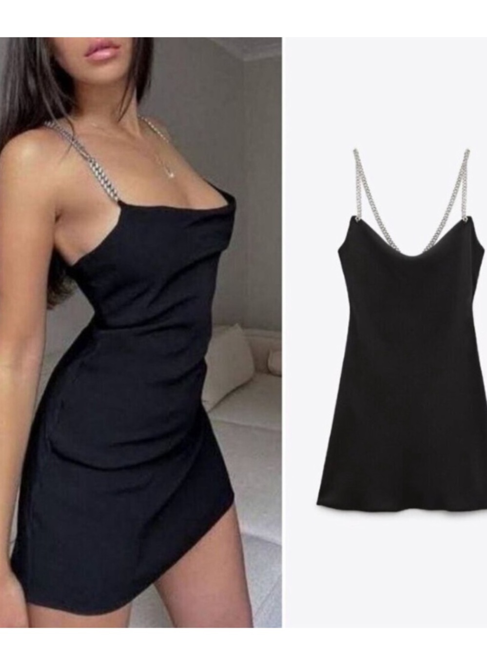 Zara Metal Jeweled Chain Straps Cowl Neck Mini Dress Black Size XS